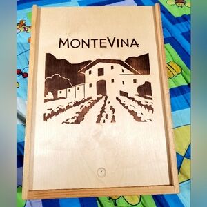 Montevina Wooden Wine Box w/ Vineyard Design Logos & Sliding Lid. 14x10x3.5 In.